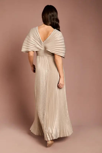 V-Neck Metallic Pleated Dress