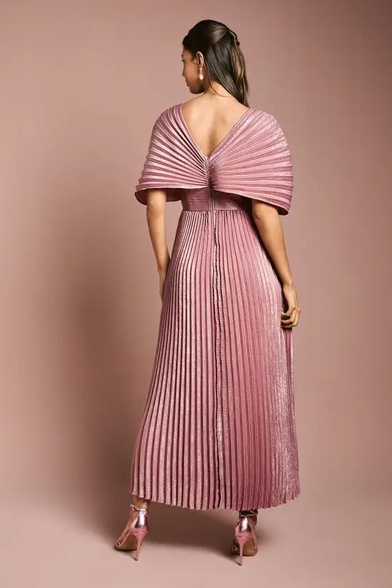 V-Neck Metallic Pleated Dress
