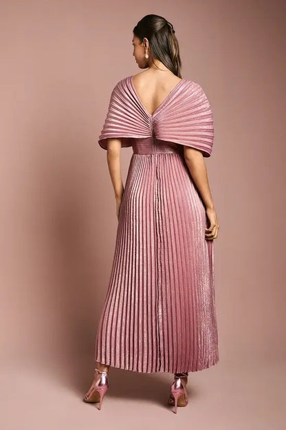 V-Neck Metallic Pleated Dress