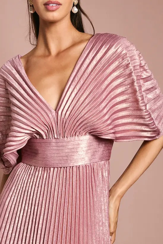 V-Neck Metallic Pleated Dress