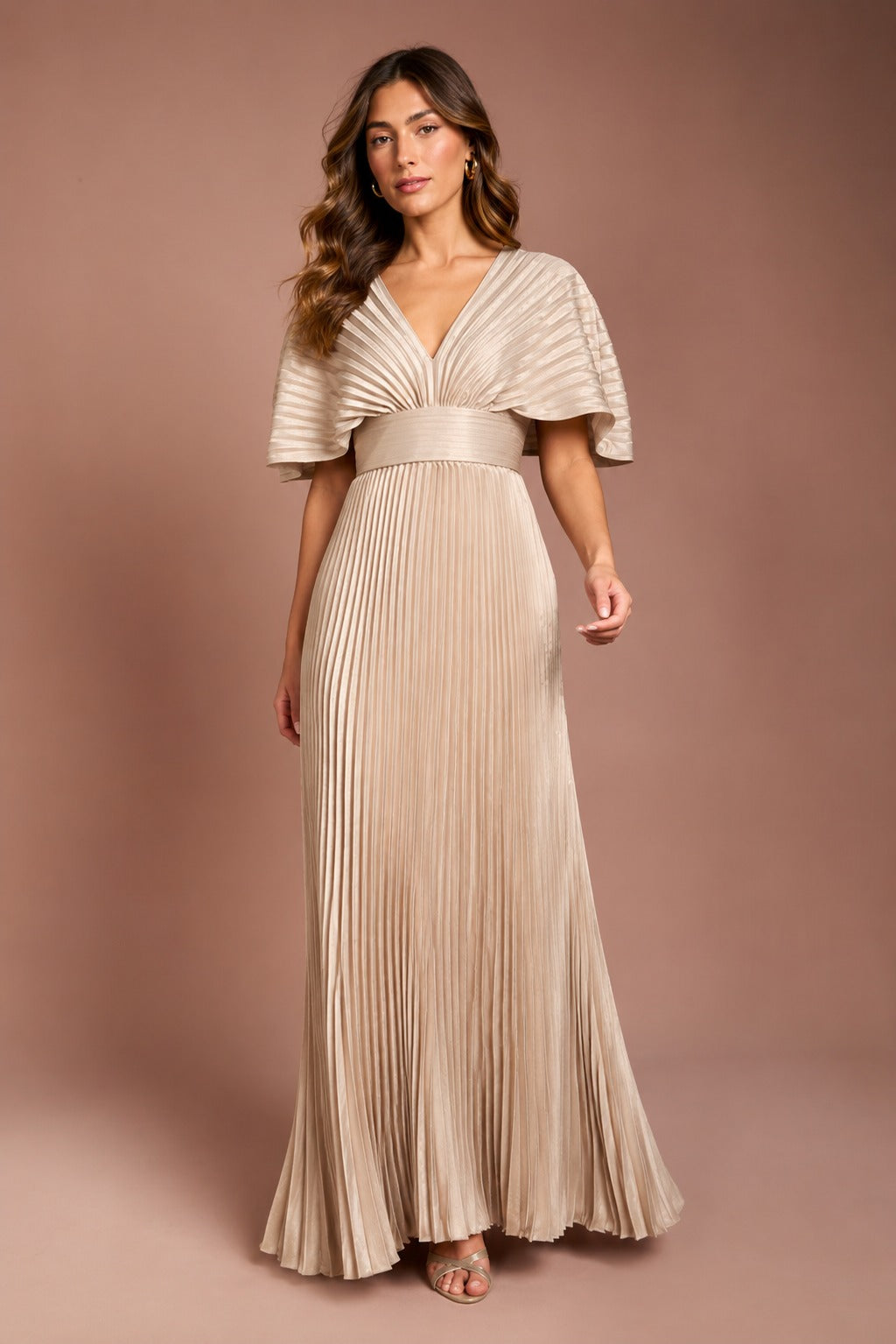 V-Neck Metallic Pleated Dress