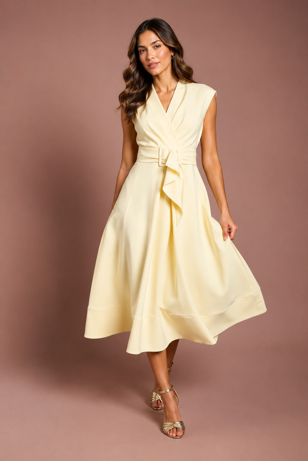 V-Neck Belted Crepe Midi Dress