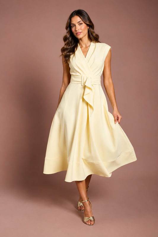 V-Neck Belted Crepe Midi Dress