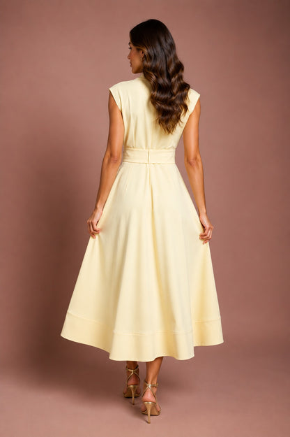 V-Neck Belted Crepe Midi Dress