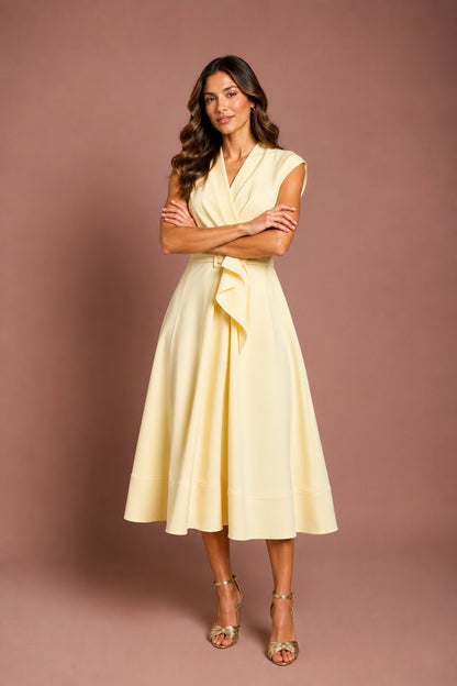 V-Neck Belted Crepe Midi Dress