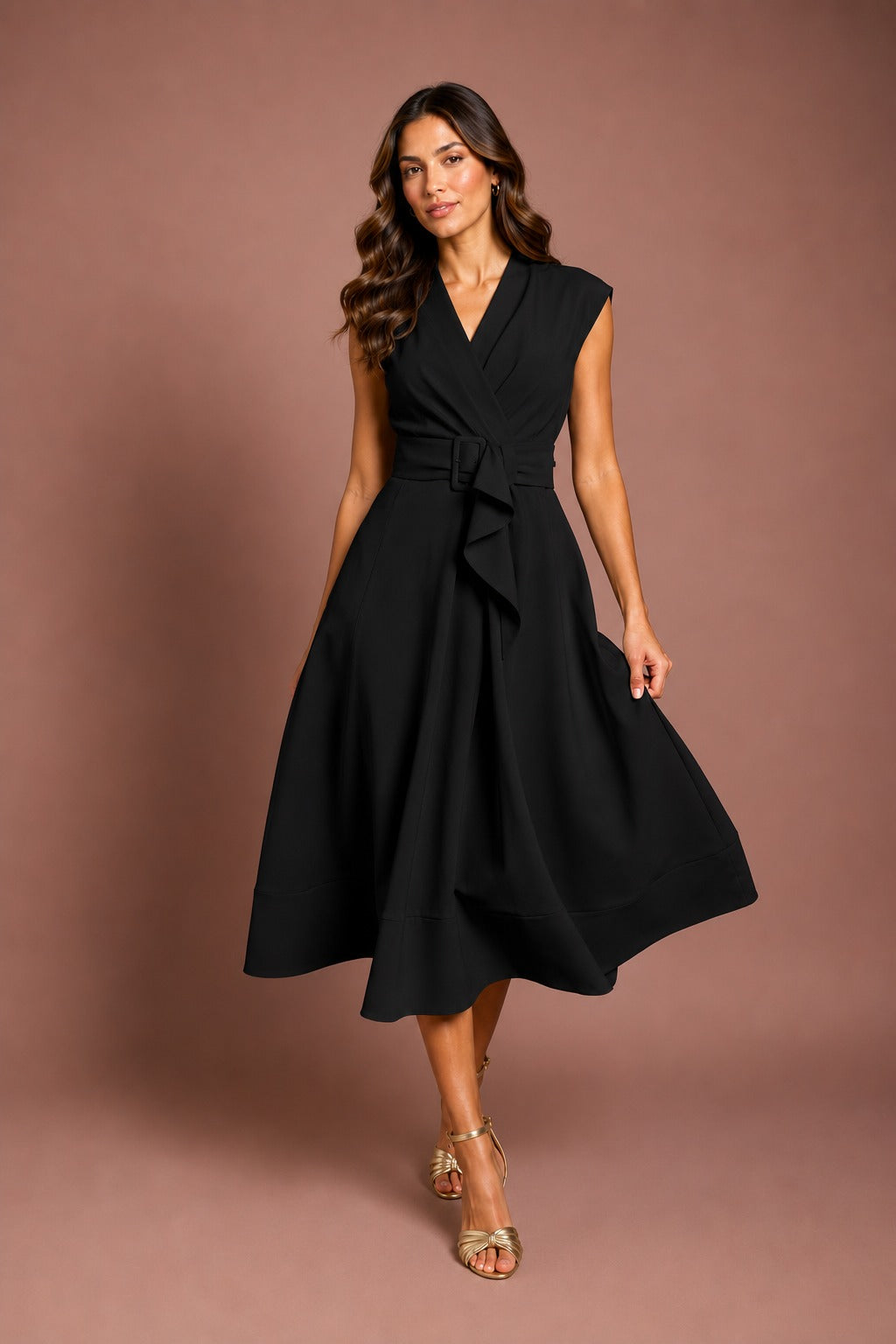 V-Neck Belted Crepe Midi Dress