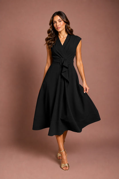 V-Neck Belted Crepe Midi Dress