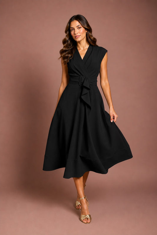 V-Neck Belted Crepe Midi Dress