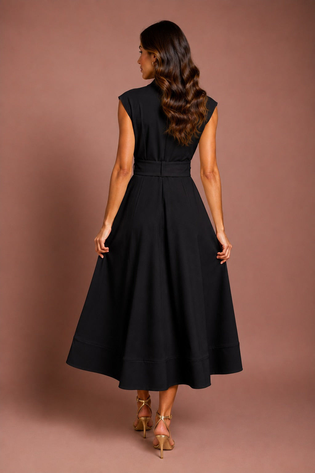 V-Neck Belted Crepe Midi Dress