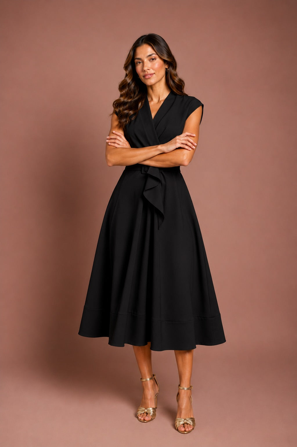 V-Neck Belted Crepe Midi Dress
