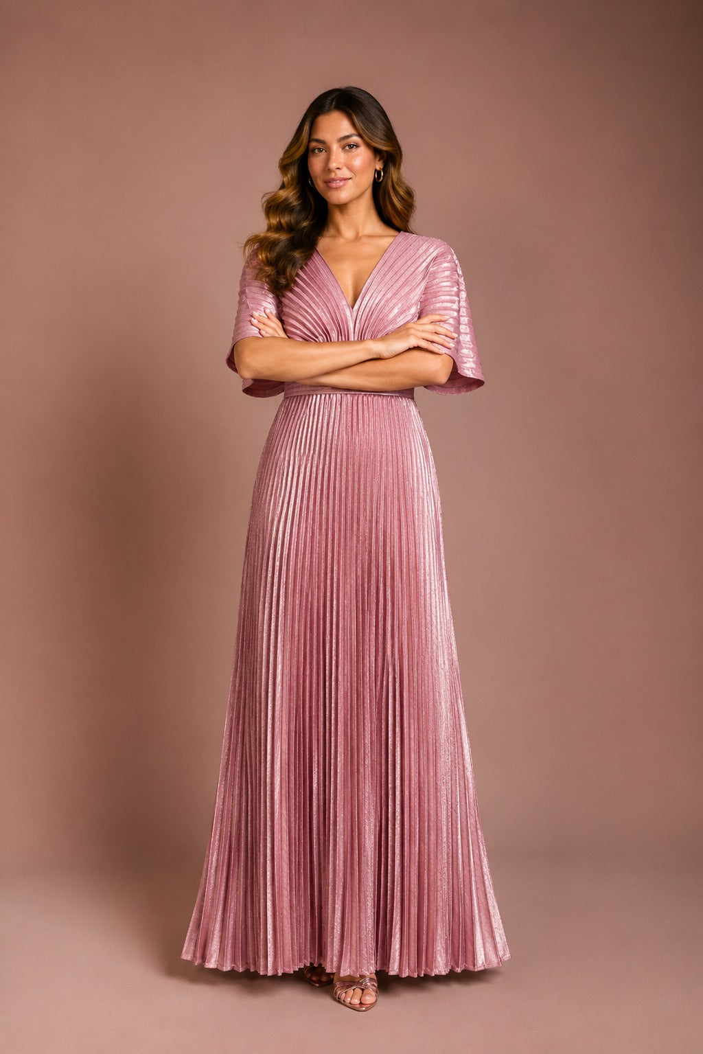 V-Neck Metallic Pleated Dress