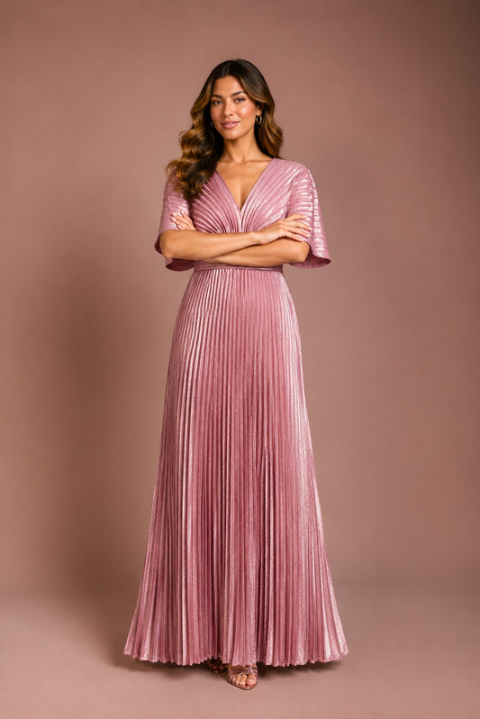 V-Neck Metallic Pleated Dress